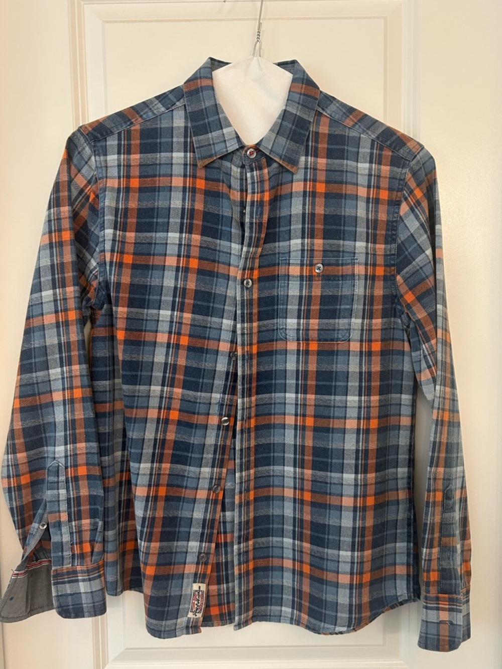 Flag & Anthem Plaid Button Down Shirt Size Small Blue Orange Gray 100% Cotton